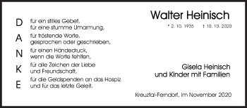 Traueranzeige von Walter Heinisch von Siegener Zeitung