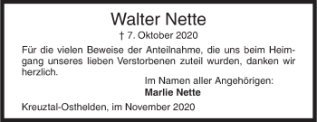 Traueranzeige von Walter Nette von Siegener Zeitung