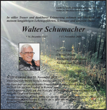 Traueranzeige von Walter Schumacher von Siegener Zeitung