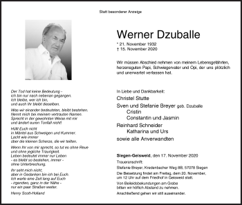 Traueranzeige von Werner Dzuballe von Siegener Zeitung