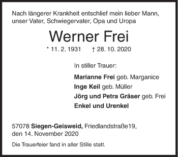 Traueranzeige von Werner Frei von Siegener Zeitung