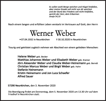 Traueranzeige von Werner Weber von Siegener Zeitung