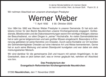 Traueranzeige von Werner Weber von Siegener Zeitung