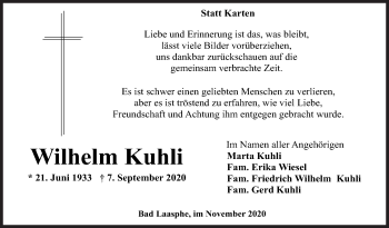 Traueranzeige von Wilhelm Kuhli von Siegener Zeitung