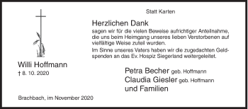 Traueranzeige von Willi Hoffmann von Siegener Zeitung