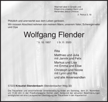 Traueranzeige von Wolfgang Flender von Siegener Zeitung
