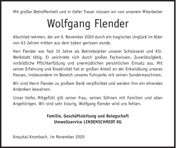 Traueranzeige von Wolfgang Flender von Siegener Zeitung