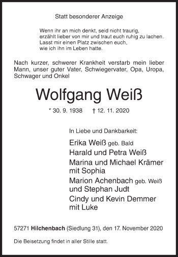 Traueranzeige von Wolfgang Weiß von Siegener Zeitung