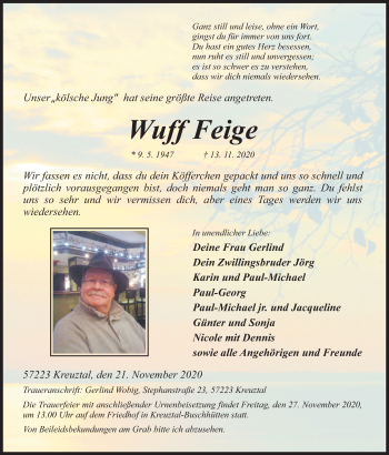 Traueranzeige von Wuff Feige von Siegener Zeitung