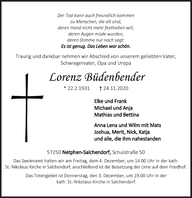 Traueranzeige für Lorenz Büdenbender vom 28.11.2020 aus Siegener Zeitung
