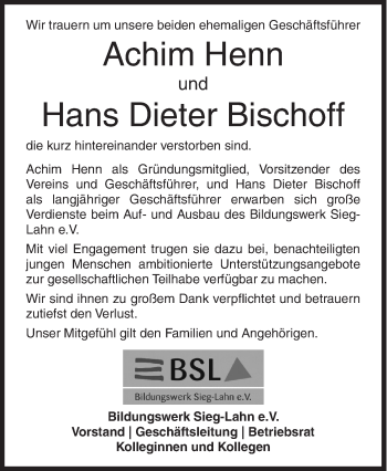 Traueranzeige von Achim und Hans Dieter  von Siegener Zeitung