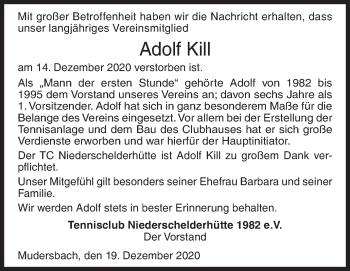 Traueranzeige von Adolf Kill von Siegener Zeitung