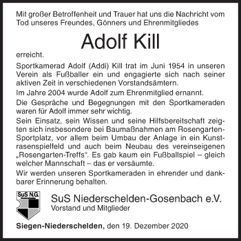 Traueranzeige von Adolf Kill von Siegener Zeitung