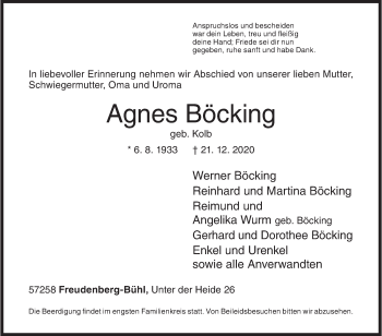 Traueranzeige von Agnes Böcking von Siegener Zeitung