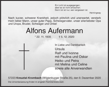 Traueranzeige von Alfons Aufermann von Siegener Zeitung
