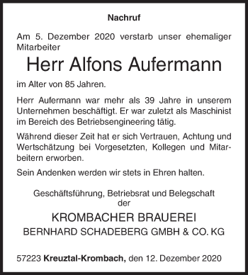 Traueranzeige von Alfons Aufermann von Siegener Zeitung