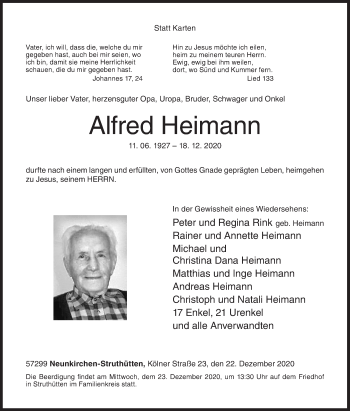 Traueranzeige von Alfred Heimann von Siegener Zeitung