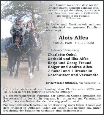 Traueranzeige von Alois Alfes von Siegener Zeitung