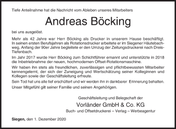 Traueranzeige von Andreas Böcking von Siegener Zeitung