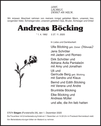 Traueranzeige von Andreas Böcking von Siegener Zeitung