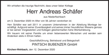 Traueranzeige von Andreas Schäfer von Siegener Zeitung