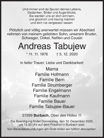 Traueranzeige von Andreas Tabujew von Siegener Zeitung