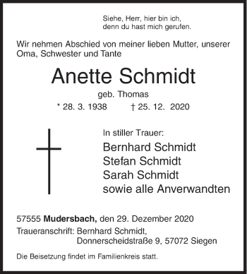 Traueranzeige von Anette Schmidt von Siegener Zeitung