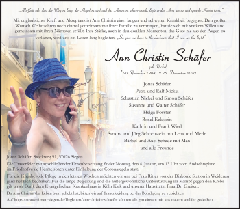 Traueranzeige von Ann Christin Schäfer von Siegener Zeitung