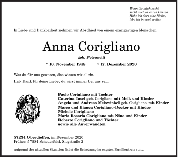 Traueranzeige von Anna Corigliano von Siegener Zeitung