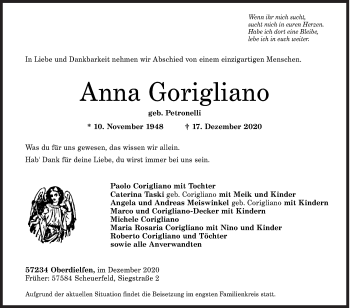Traueranzeige von Anna Gorigliano von Siegener Zeitung