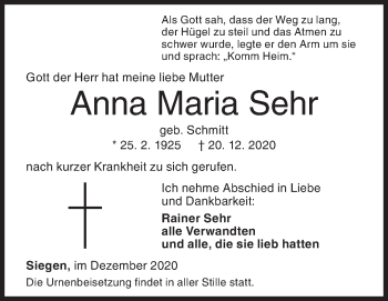 Traueranzeige von Anna Maria Sehr von Siegener Zeitung