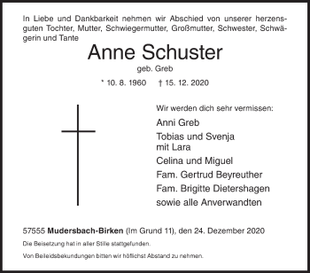 Traueranzeige von Anne Schuster von Siegener Zeitung