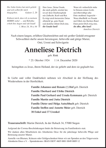 Traueranzeige von Anneliese Dietrich von Siegener Zeitung