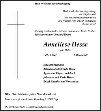Traueranzeige von Anneliese Hesse von Siegener Zeitung