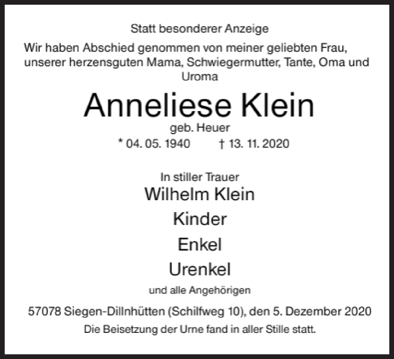  Traueranzeige für Anneliese Klein vom 05.12.2020 aus Siegener Zeitung