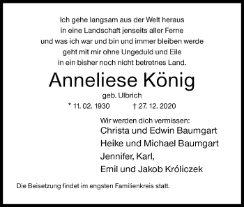 Traueranzeige von Anneliese König von Siegener Zeitung