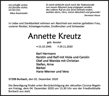Traueranzeige von Annette Kreutz von Siegener Zeitung