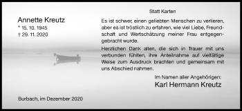 Traueranzeige von Annette Kreutz von Siegener Zeitung