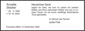 Traueranzeige von Annette Stöcker von Siegener Zeitung