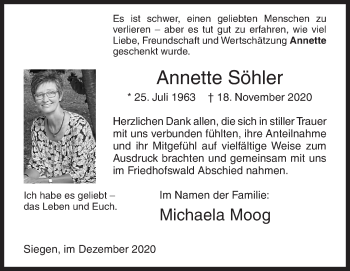 Traueranzeige von Annette Söhler von Siegener Zeitung
