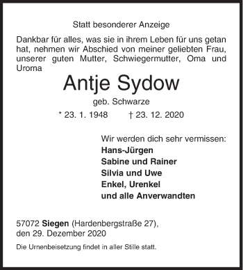 Traueranzeige von Antje Sydow von Siegener Zeitung