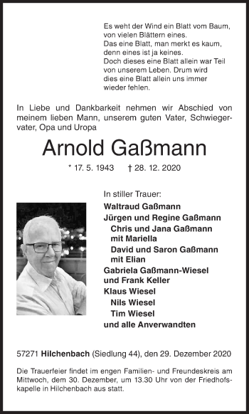 Traueranzeige von Arnold Gaßmann von Siegener Zeitung