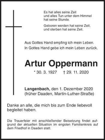 Traueranzeige von Artur Oppermann von Siegener Zeitung