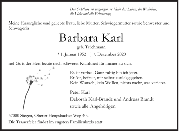 Traueranzeige von Barbara Karl von Siegener Zeitung