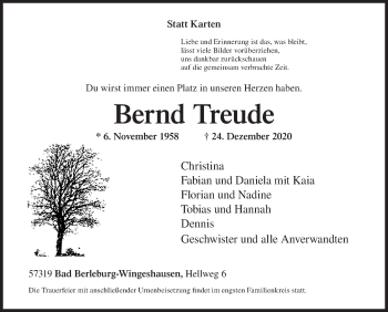 Traueranzeige von Bernd Treude von Siegener Zeitung