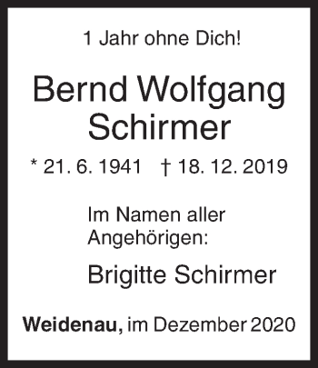 Traueranzeige von Bernd Wolfgang Schirmer von Siegener Zeitung