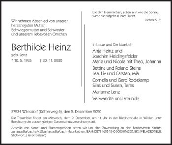 Traueranzeige von Berthilde Heinz von Siegener Zeitung
