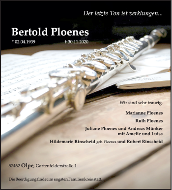 Traueranzeige von Bertold Ploenes von Siegener Zeitung
