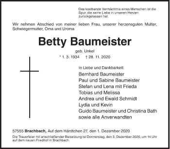Traueranzeige von Betty Baumeister von Siegener Zeitung