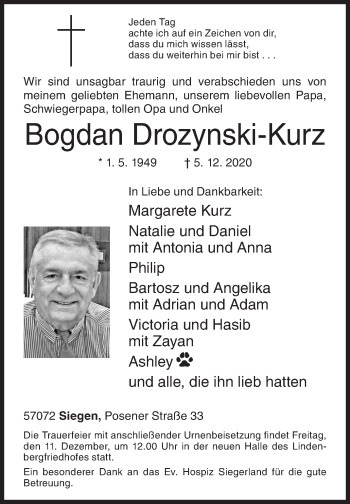 Traueranzeige von Bogdan Drozynski-Kurz von Siegener Zeitung